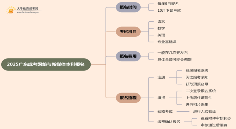 2025广东成考网络与新媒体（本科）报名时间及流程思维导图