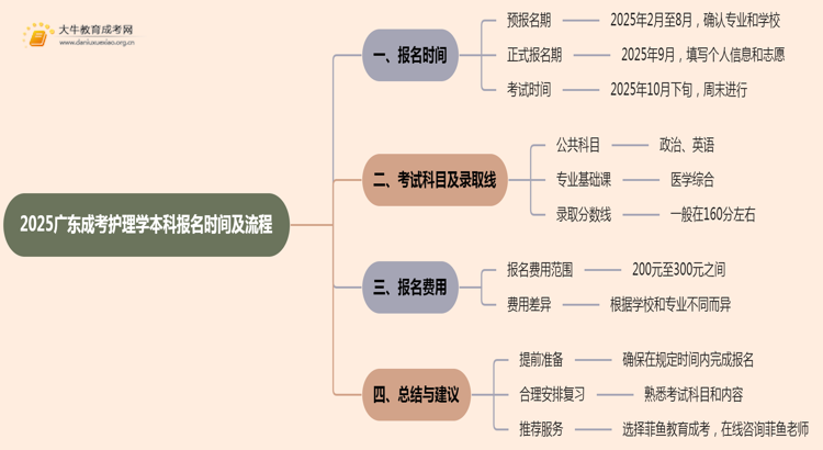 2025广东成考护理学（本科）报名时间及流程思维导图