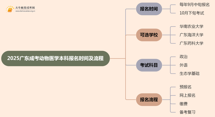 2025广东成考动物医学（本科）报名时间及流程思维导图