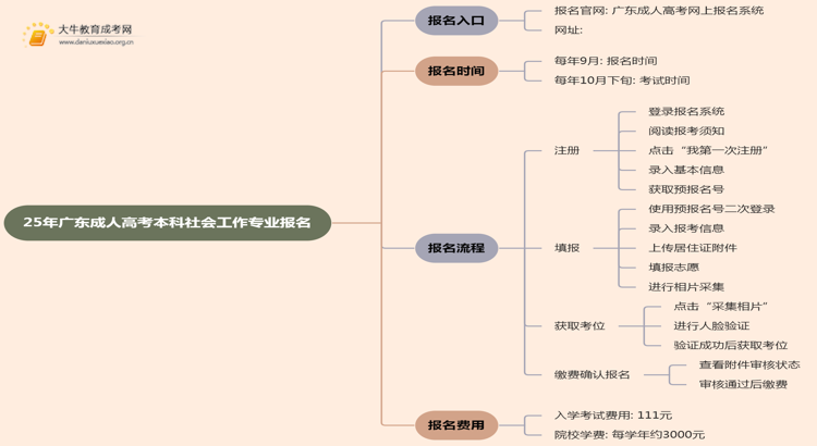 25年广东成人高考本科社会工作专业怎么报名 几月考试思维导图