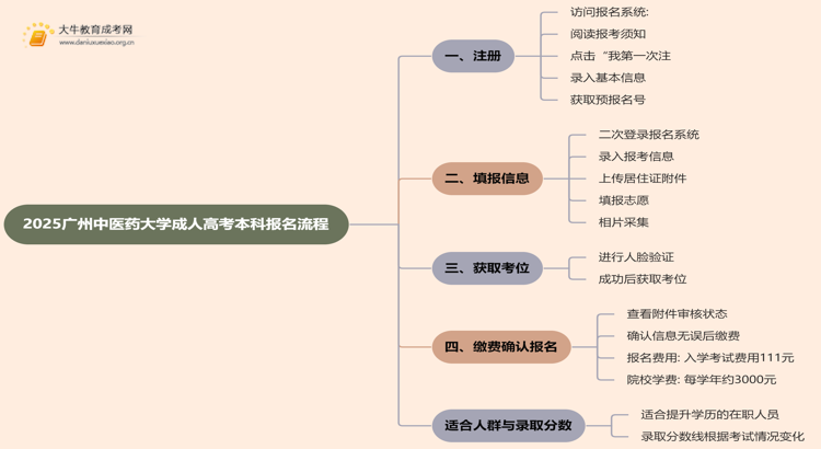 2025广州中医药大学成人高考本科怎么报名（+流程）思维导图