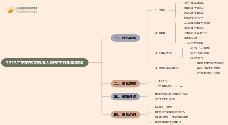 2025广东东软学院成人高考本科怎么报名（+流程）思维导图
