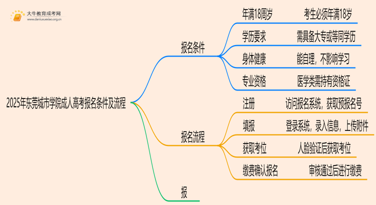 2025年东莞城市学院成人高考报名条件（+流程）思维导图