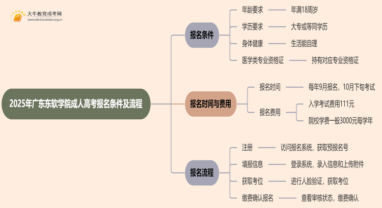 2025年广东东软学院成人高考报名条件（+流程）思维导图
