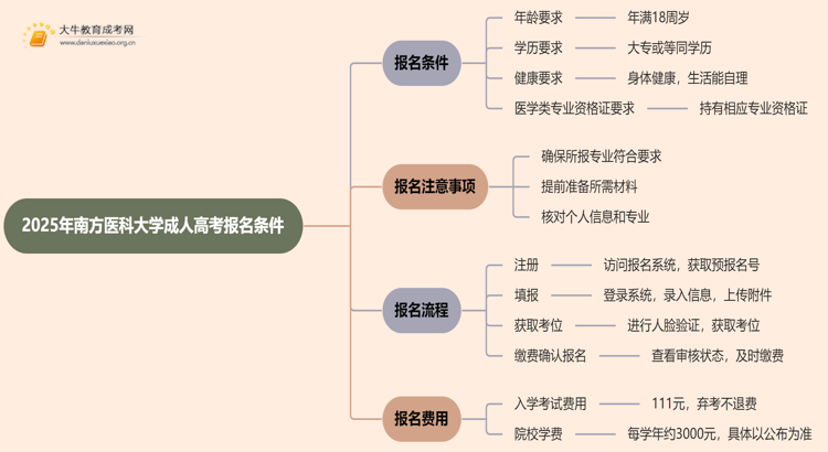 2025年南方医科大学成人高考报名条件（+流程）思维导图