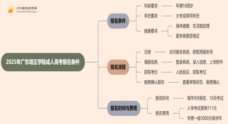 2025年广东培正学院成人高考报名条件（+流程）思维导图