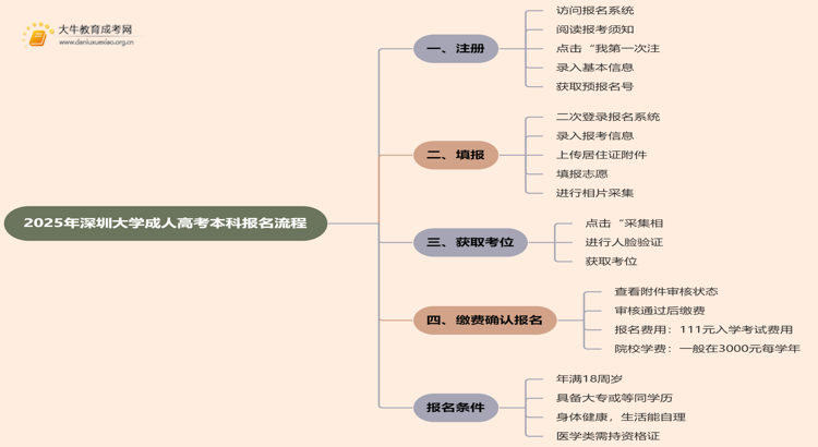 2025年深圳大学成人高考本科怎么报名思维导图