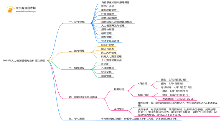2025年人力资源管理专业科目及课程（详表）思维导图