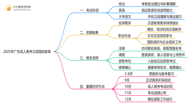 2025年广东成人高考汉语国际教育考哪些科目思维导图