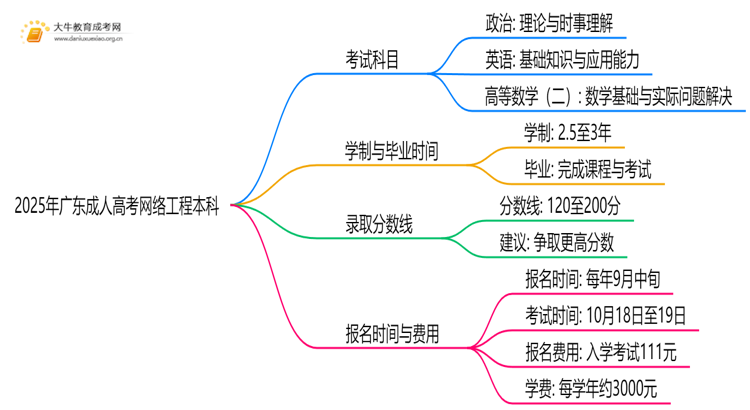 2025年广东成人高考网络工程本科考试科目 仅3门？思维导图