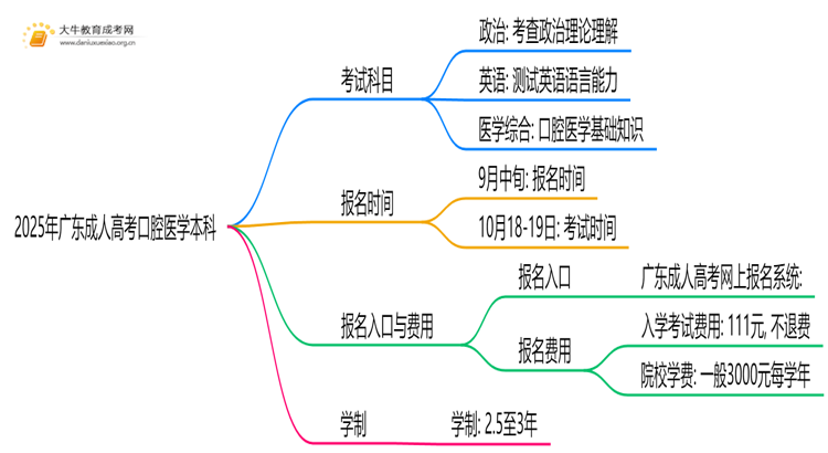 2025年广东成人高考口腔医学本科考试科目 仅3门？思维导图