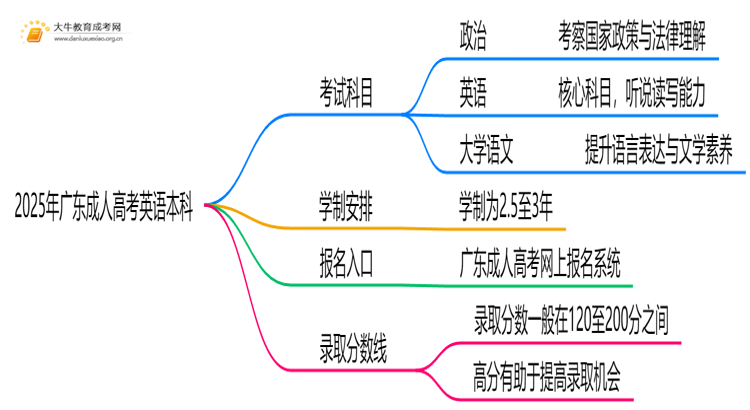 2025年广东成人高考英语本科考试科目 仅3门？思维导图