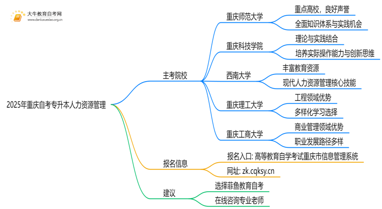 2025年重庆自考专升本人力资源管理的主考院校有哪些思维导图