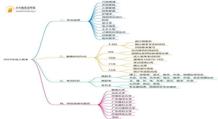 2025年年成人高考专业考什么？考哪些科目思维导图