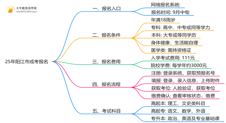 25年阳江市成考报名入口有哪些？怎么报思维导图