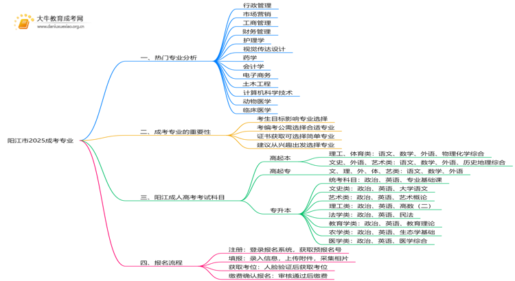 阳江市2025成考专业有哪些热门？怎么考思维导图